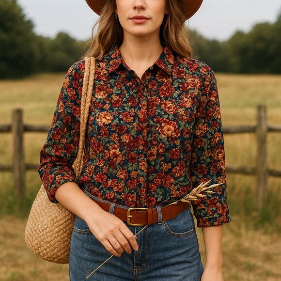 Country Chic Floral Button Down Blouse Women’s Large Rayon Garden Print - Picture 1 of 8